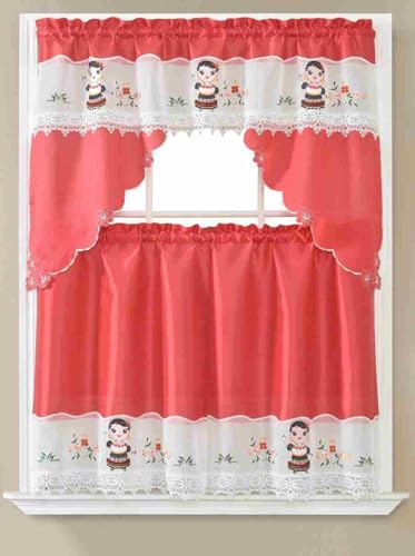 Generic 3-Piece Set Embroidered Window Curtain 2 Panels 1 Valance for Kitchen Restaurant Bar BR (Red BR-49) - color: Red Br-49