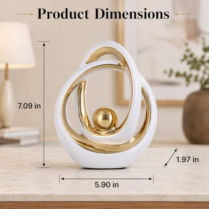 White and Gold Ceramic Abstract Sculpture for Home Decor, Modern Loop Art Tabletop Decorative Object for Entryway Table, TV Stand, Mantel, Coffee Table Centerpiece