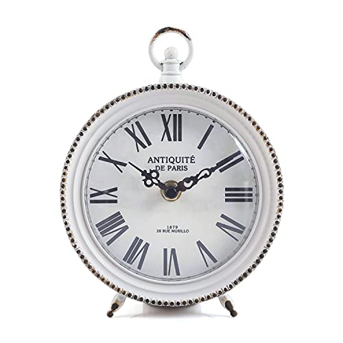NIKKY HOME Vintage Table Clock with Handle, Shelf Desk Top Clock Battery Operated Rustic Design, Chic Home Decor for Fireplace Mantel, Desktop, Countertop, Distressed White - color: White