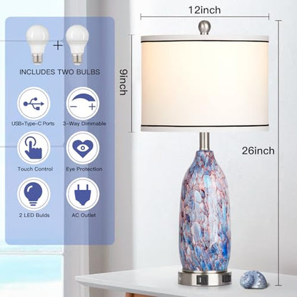 Rinweey 26" Coastal Glass Table Lamps Set of 2,Nautical lamp with USB A+C Ports & AC Outlet,Bule Bedside Lamps with 3-Way Dimmable Touch Control Night Light for Bedroom Living Room(Bulbs Included) - color: Multicolor