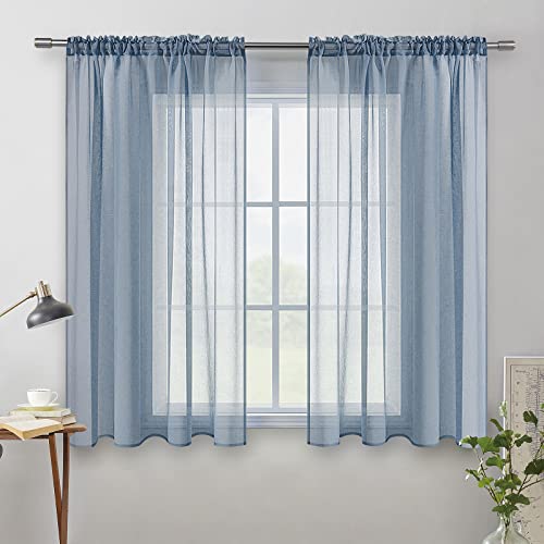 MIULEE Dusty Blue Linen Textured Semi-Sheer Curtains 54W×45L Kitchen - color: Dusty Blue, size: 54"W x 45"L (Pack of 2)