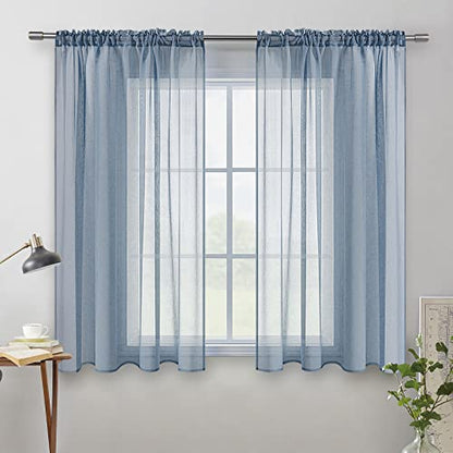 MIULEE Dusty Blue Linen Textured Semi-Sheer Curtains 54W×45L Kitchen - color: Dusty Blue, size: 54"W x 45"L (Pack of 2)
