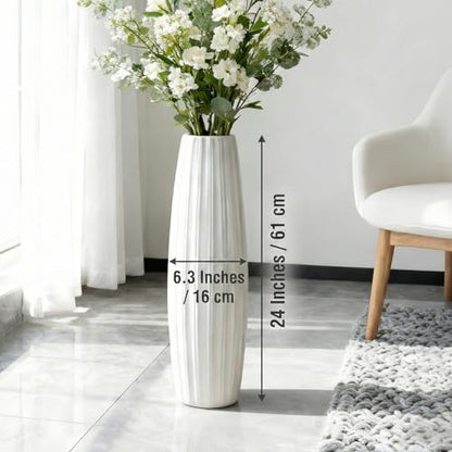 White Tall Ceramic Floor Vase, 24 Inch, Ribbed Drum Design - color: Vertical Stripes, size: Height-24 Inch