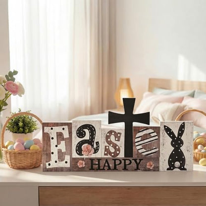 Smile 7Pcs Easter Decor Indoor Wooden Sign, Bunny Eggs Farmhouse Style Shelf Accents for Spring Holiday Home Decoration - style: Rustic Easter