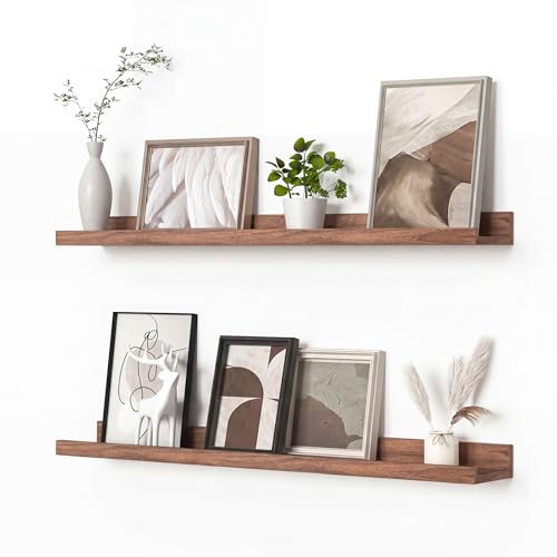 Heimlove Picture Ledge Shelf, Floating Shelves Set of 2, 31.5Inches Picture Shelf for Wall with Ledge, Kids Bookshelf Wall Mounted for Living Room Bedroom Decor Books Photo Frames - Walnet - color: Walnut, size: 32 in
