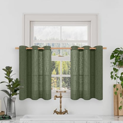 LAMIT Olive Green Short Linen Curtains 36 Inch Length 2 Panels Set - color: Olive Green, size: 34"W x 36"L (Pack of 2)