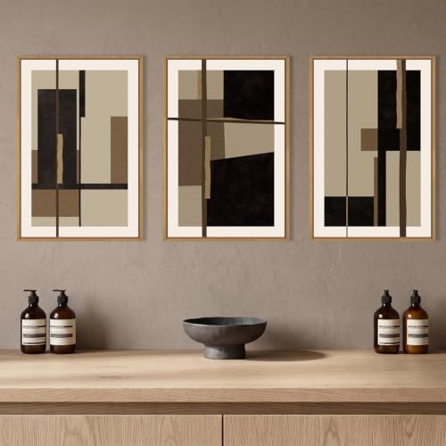 Celestdeco Abstract Black Brown Shapes Framed Canvas Wall Art Set-16"x24"x3 - color: Black Shapes Wall Art, size: 16"L x 24"W