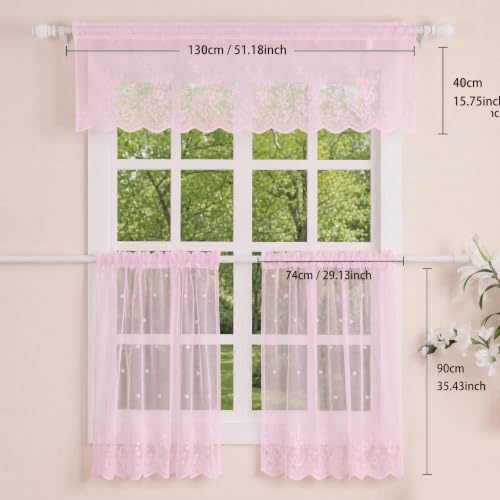 Molaxhome Kitchen Curtains Valance Pink Lace Floral Semi Sheer Curtain - color: Pink, size: 51"W x 16"L (Pack of 1)