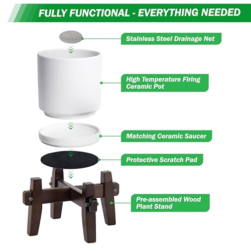D'vine Dev Ceramic Planter with Wood Stand - 10 Inch Mid Century Modern Cylinder Indoor Plant Pot Set for Indoor Plants & Flowers, White, 55-A-X-1 - size: 10 inch