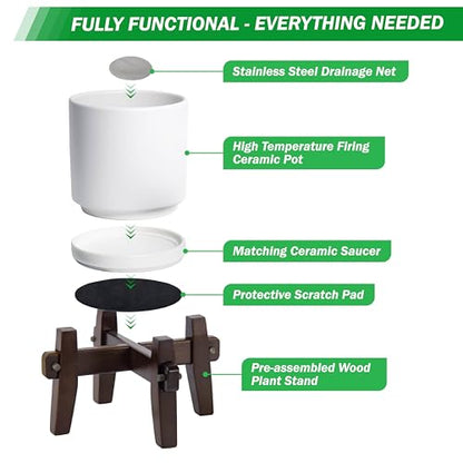 D'vine Dev Ceramic Planter with Wood Stand - 10 Inch Mid Century Modern Cylinder Indoor Plant Pot Set for Indoor Plants & Flowers, White, 55-A-X-1 - size: 10 inch
