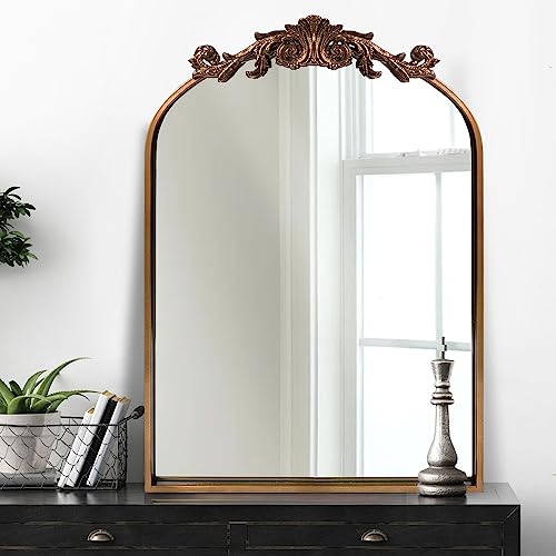 OUSHUAI Gold Traditional Vintage Ornate Baroque Mirror,Gold Brass Mirror for Wall,Victorian Antique Bronze Mirrors Arched for Bathroom/Living Room/Hallway/Fireplace 19"X27" - color: Retro Gold, size: 27"L x 19"W