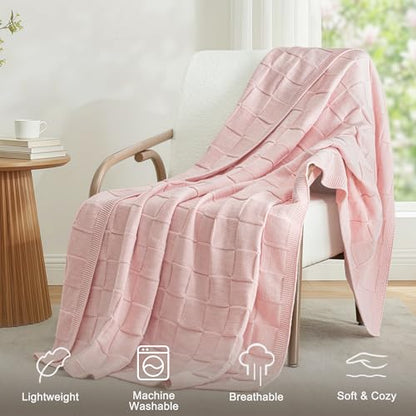 Whale Flotilla Checkered Knit Throw Blanket for Couch, Pink - color: Pink, size: 50x60 Inch
