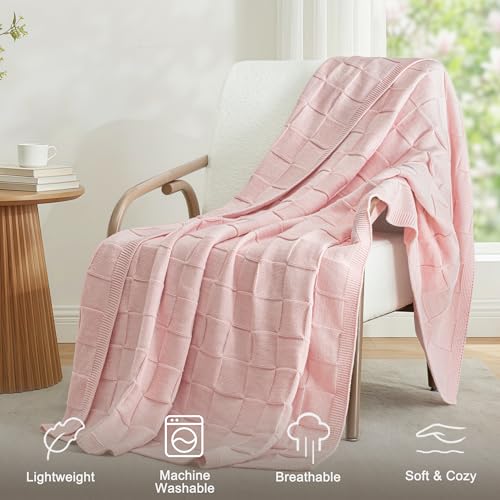 Whale Flotilla Checkered Knit Throw Blanket for Couch, Pink - color: Pink, size: 60x80 Inch