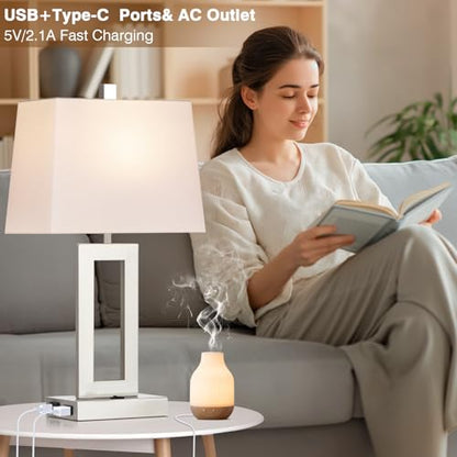 Cinkeda Silver Bedside Table Lamp Set of 2,Nightstand Lamps with USB Ports - color: B.White&Silver