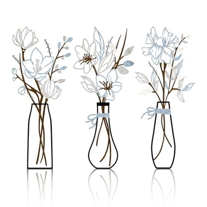 3 Pieces Metal Flowers Wall Art for Bathroom (Blue Brown) - color: Blue Brown