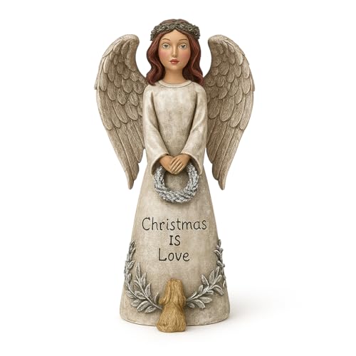 iStatue Christmas Angel with Rabbit Figurine – Resin Holiday Decoration with “Christmas is Love” Message, 5" Tall Guardian Angel Statue, Tabletop Winter Décor for Home Mantel Shelf Gift (Beige) - color: Gray