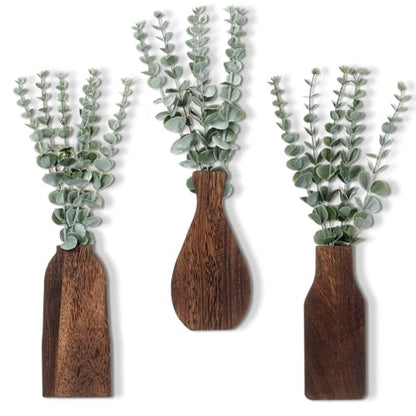 Kathfly 3pcs Wooden Wall Planter Vase with 3pcs Artificial Eucalyptus Boho Hanging Planter for Indoor Plants Wood Wall Art Decor Modern Farmhouse Entryway Bathroom Decor