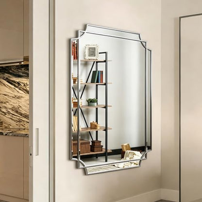 48"x31.6" Rectangle Beveled Mirror with Silver Geometric Frame - color: Silver, size: 48"L x 31.6"W