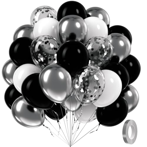 60pcs Black and Silver Balloons 12inch with Silver Confetti Balloons - color: Black White Silver