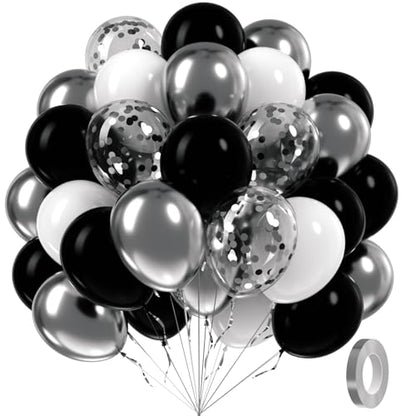 60pcs Black and Silver Balloons 12inch with Silver Confetti Balloons - color: Black White Silver