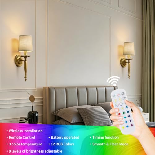 Rechargeable Wall Sconces Set of 2, Antique Brass Wall Lamps with Linen Shade, 10000mAh Battery Operated Wireless Lights, No Hardwiring Required, for Bedroom & Living Room