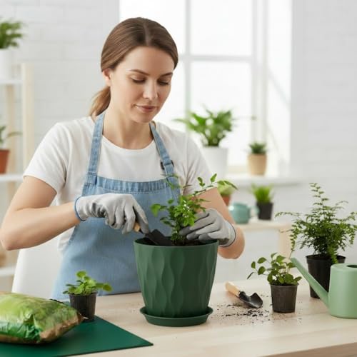 8 Inch Plastic Plant Pots for Plants with Drainage Holes and Saucer, 6 Pack - color: Deep Green 8 Inch