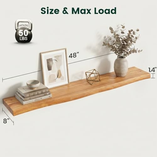 48in Live Edge Solid Elm Floating Shelves, Natural, Set of 1 - color: Natural Color, size: Live Edge 48 inch, 1Pack