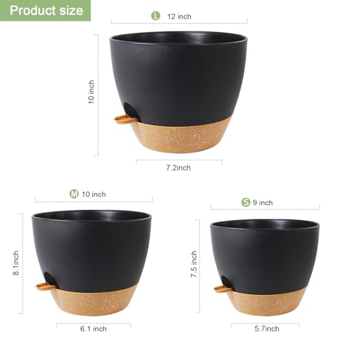 WSMKSZ 12/10/9 inch Large Self Watering Pots for Indoor Plants, Set of 3 - color: Black With Brown, size: 12"+10"+9"