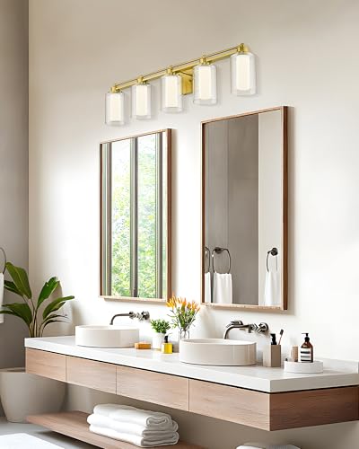 HWH 5-Light Vanity Light, Brushed Gold, Clear Glass, 30W, 5HLT63B-5W-LED BG - color: Brushed Gold + LED, size: 5 Lights