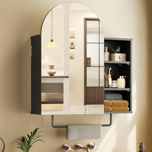 RALGEND Arched Bathroom Medicine Cabinet Mirror with Storage, Modern Arch Mirrored Cabinets, Wall-Mounted Vanity with 2 Adjustable Shelves & Towel Bar, Not Recessed, Black - color: Black
