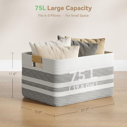 Nunsino 75L Blanket Basket with Leather Handles,Laundry Basket,Gray White - color: Grey White, size: 75L
