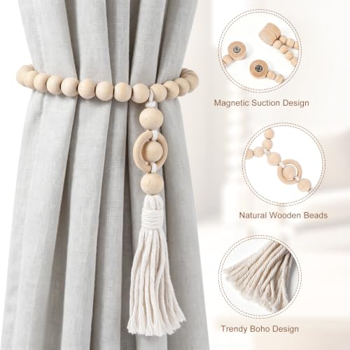 Magnetic Wood Bead Curtain Tiebacks Boho Farmhouse