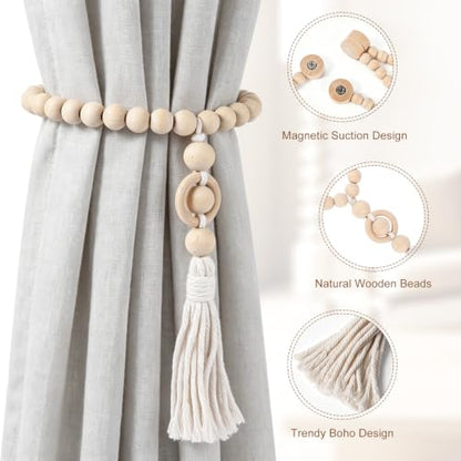 Magnetic Wood Bead Curtain Tiebacks Boho Farmhouse