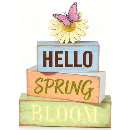 Spring Decoration Wooden Tiered Tray Decor – Rustic Hello Spring Bloom Stacked Block Sign with Butterfly Daisy Topper – Farmhouse Tabletop Spring Decor for Living Room Shelf Kitchen Coffee Bar Seasonal Home Display - style: Butterfly