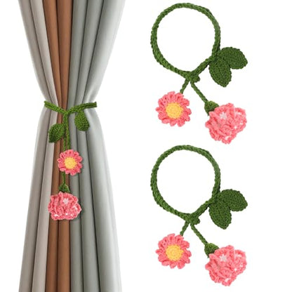 2 Pack Boho Handmade Flower Curtain Tiebacks & Holdbacks, Carnations - color: Pink Carnations