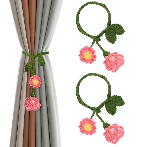 2 Pack Boho Handmade Flower Curtain Tiebacks & Holdbacks, Carnations - color: Pink Carnations