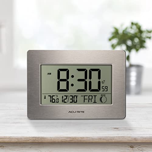 AcuRite Wireless Digital Wall/Tabletop Clock with 4 Interchangeable Plastic Frames - Stainless Steel, Bamboo, Matte Black, and Matte White – with Date, Indoor Temperature, and Moon Phase (75439) - size: (Pack of 1)