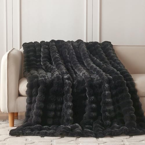 COOVA Soft Bubble Faux Fur Throw Blanket, 50"x60", Black - color: Black, size: 50“x60”