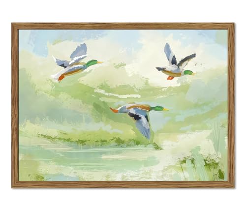Vintage Mallard Duck Wall Art Cottagecore Flying Ducks Wall Decor Painting Rustic Bird Animal Landscape 3D Textured Hand Drawn Sandstone Artwork for Living Room Bedroom 12x16 inch Framed - color: vintage B, size: 16"L x 12"W