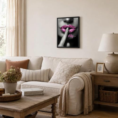 Black Framed Pink Lips Wall Art, Glam Pictures Wall Decor, 12x16 in - color: Pink-Shhy