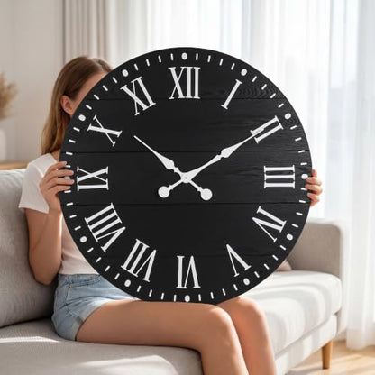 Large Wall Clock with Roman Numeral, 28” Shiplap Farmhouse Clock - color: Black, size: 28 Inch