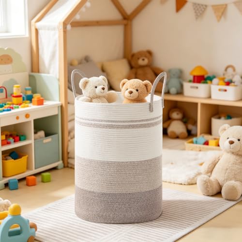 53L Tall Cotton Rope Laundry Basket with Handles, Brown Striped - color: Brown Striped, size: 53L