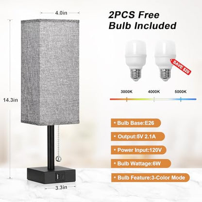 Set of 2 Grey Bedside Table Lamps for Bedroom - Nightstand Lamp, USB C+A - color: Gray & Black (2PCS), size: 14.3in