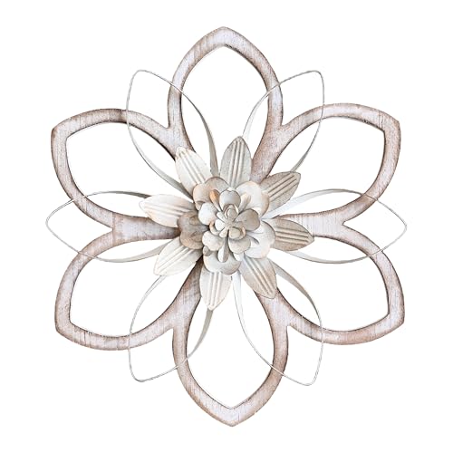 Remenna Metal & Wood Flowers Wall Decor, Rustic Wall Art Decoration Farmhouse Wall Decorations Multiple Floral Hanging Decor for Bathroom Living Room Home Office Garden Kitchen White 12inch - color: white-1