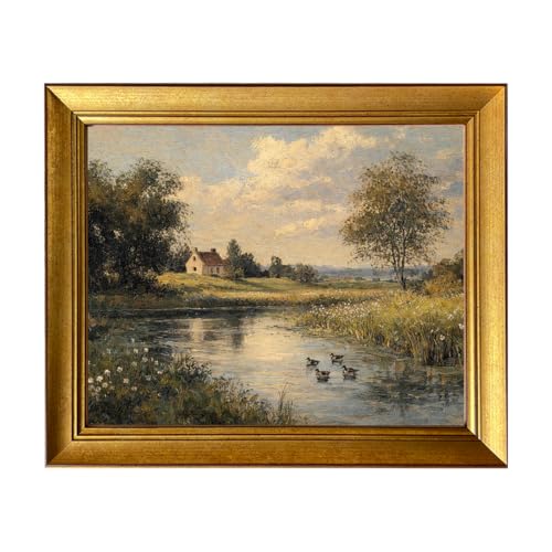 Gold Framed Vintage River Landscape Wall Art With Ducks Cottage Core Artwork Country Landscape Canvas Print for Living Room Bedroom Bathroom Decor - color: River Landscape, size: 20"L x 16"W