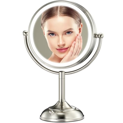 Professional 8.5" Large Lighted Makeup Mirror with Brighter Lights, 1X/10X True HD Magnifying Mirror with 3 Color Dimmable Lights, 90 Shadowless LEDs, 360°Swivel Seamless Vanity Mirror, Pearl Nickel - color: Pearl Nickel