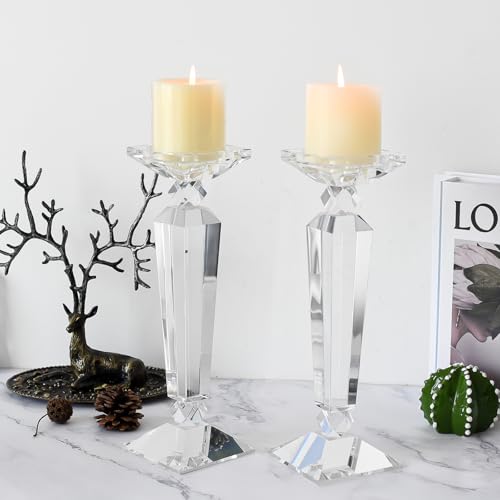 Crystal Candle Holders Set of 2,Crystal Taper/Pillar Candlestick Holders,Ultra Elegant & Modern Centerpiece Home Décor,Wedding(12inch Tall)