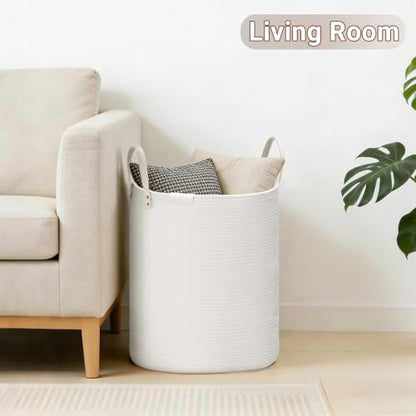 VIPOSCO 72L Tall Woven Rope Laundry Hamper, Leather Handles, White - color: White, size: 72L