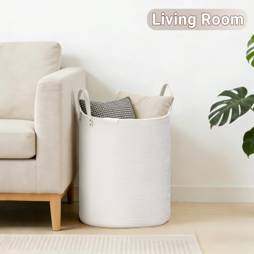 VIPOSCO 58L Tall Woven Rope Laundry Hamper, Leather Handles, White - color: White, size: 58L