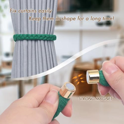NICEEC 4 Pack Natural Cotton Rope Magnetic Curtain Tiebacks Elegant Twisted Braid Style Drape Tie Backs Soft Hand-Woven Rope Curtain Holdbacks for Home & Office Window Draperies (Green-02) - color: Green-02, size: 4 Pack